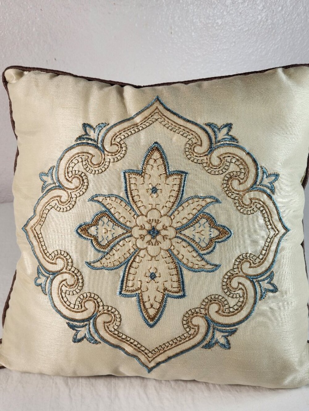 Embroidered Throw Pillow Cream and Blue Gold Print 16 In x 16 In Square EUC